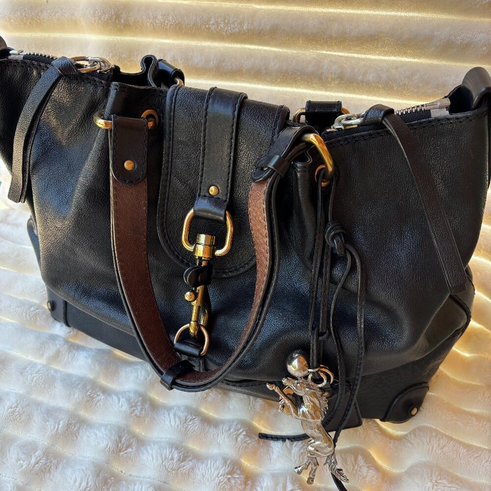 Chloé-Inspired Black Leather Satchel Tote w/ Gold Hardware & Keychain Charm